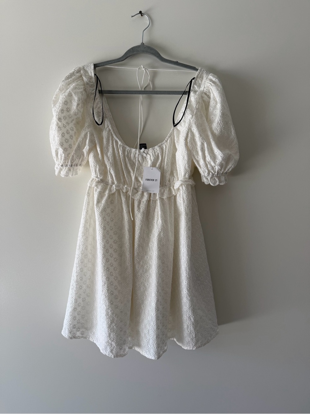 Forever 21 White Eyelet Puff Sleeve Mini Dress with Tie Back